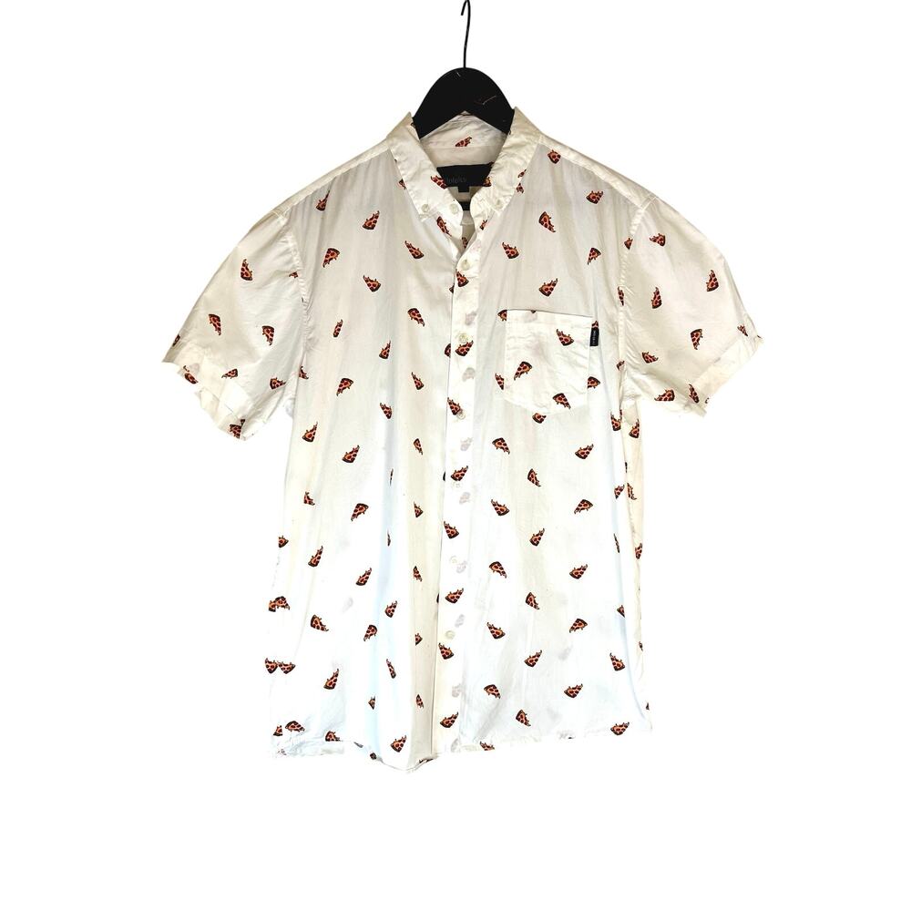 Molokai Surf Men's Size Large Short Sleeve Button Up Shirt White Pizza Design